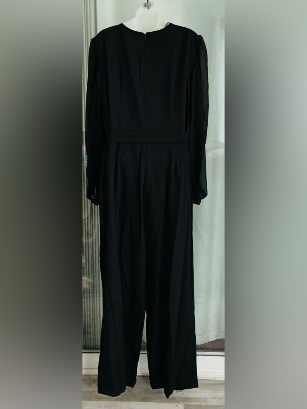 Donna Ricco women's solid black jumpsuit featuring sheer sleeves - Picture 2 of 12